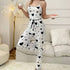 Women Polyester Pajamas Set Sleeveless Printed Sleepwear White and Black