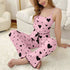 Women Polyester Pajamas Set Sleeveless Printed Sleepwear Pink and Black XXL