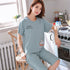 Women Cartoon Pajama Set Summer Thin Polyester S short-sleeved shorts green sleeping cat L
