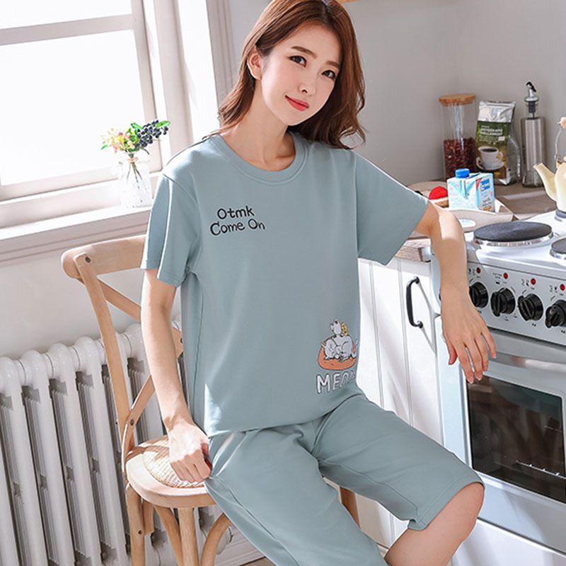 Women Cartoon Pajama Set Summer Thin Polyester S short-sleeved shorts green sleeping cat XXL