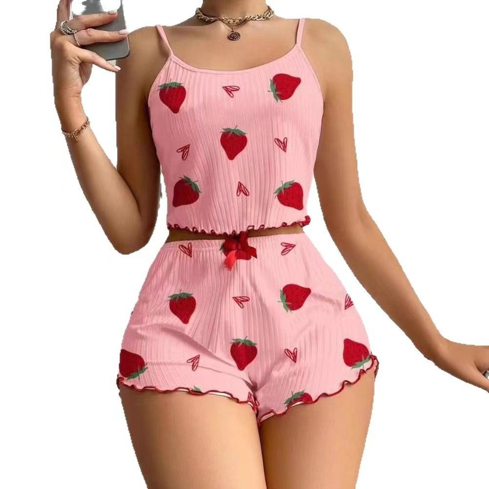 Women Sleepwear Set Summer Spandex Print Pink M