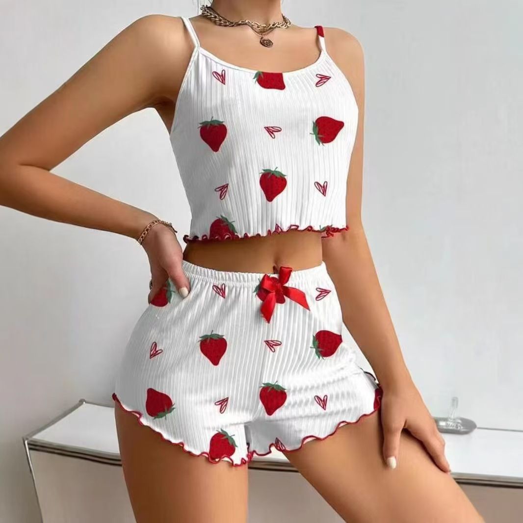 Women Sleepwear Set Summer Spandex Print White strawberry