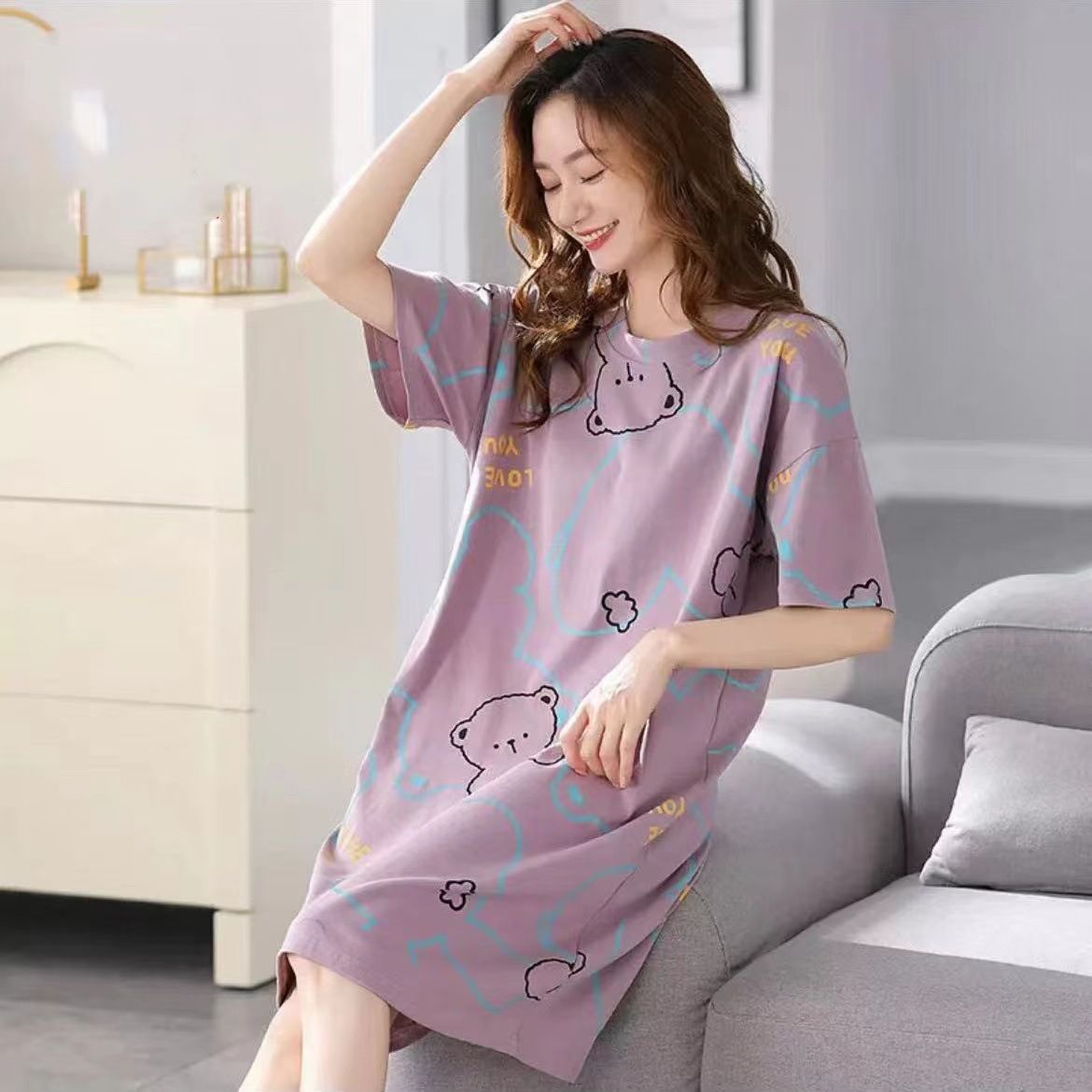 Women Summer Sleepwear Polyester Loose Dress Purple 3XL