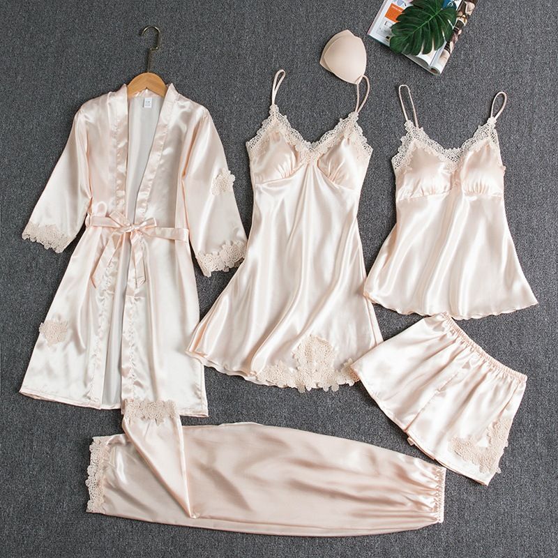 Women Sleepwear Set Long Sleeve Ice Silk Champagne