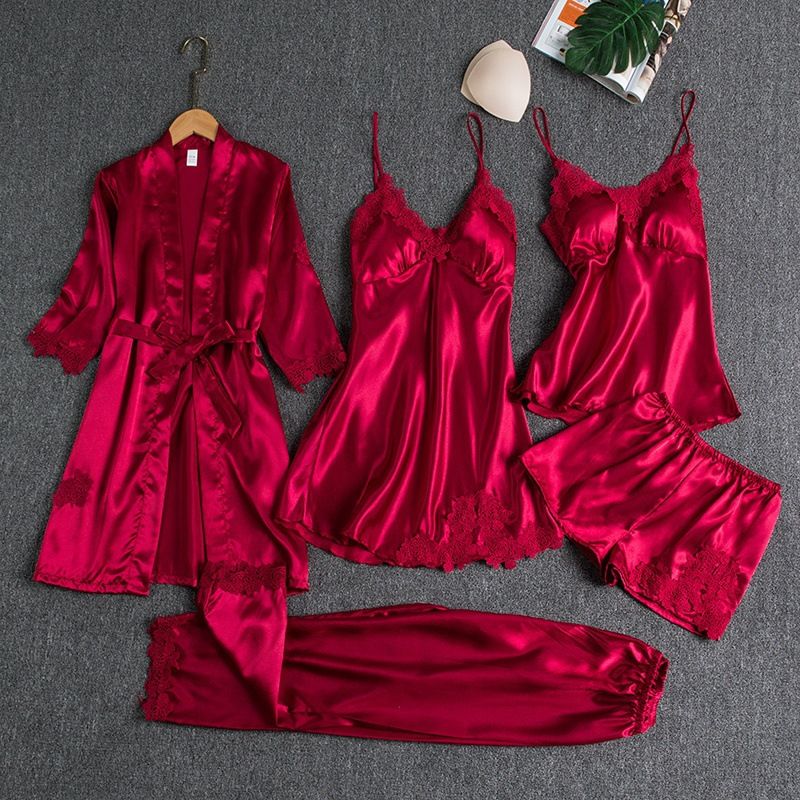 Women Sleepwear Set Long Sleeve Ice Silk Burgundy XXL