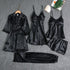 Women Sleepwear Set Long Sleeve Ice Silk Black