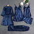 Women Sleepwear Set Long Sleeve Ice Silk Navy Blue