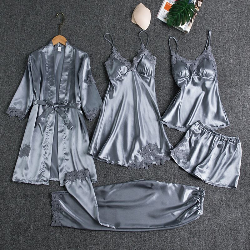 Women Sleepwear Set Long Sleeve Ice Silk Gray XL