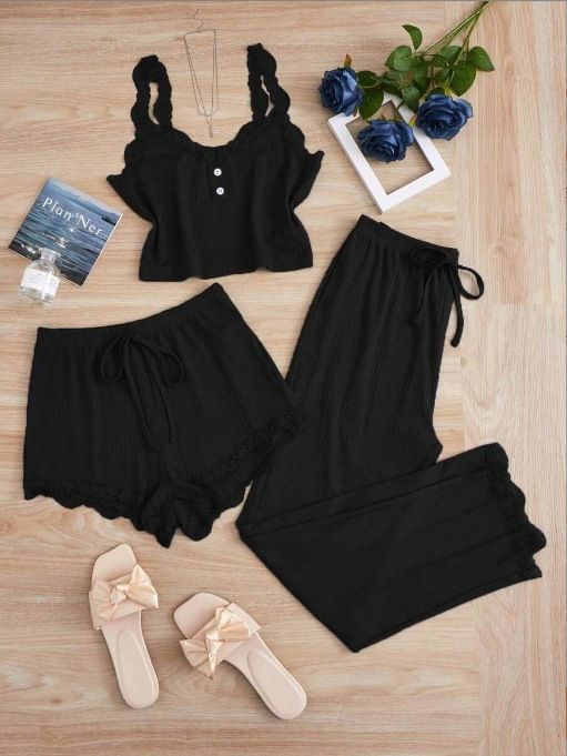Subtle Lace Women Pajamas Set Sleepwear Black 6XL