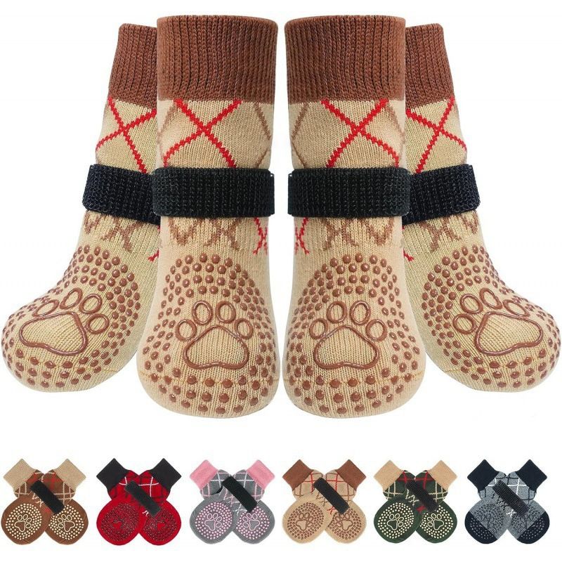 Dog Shoes Non Slip Indoor Outdoor Cotton Beige dotted style [opp bag] S small size 5.5*14cm [recommended within 5-10kg inches] [pack of four]