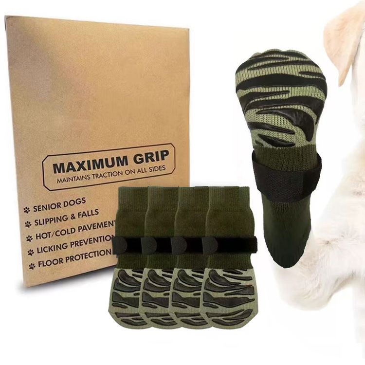Dog Shoes Non Slip Indoor Outdoor Cotton Green tiger claw [high-end storage bag] M medium size 6.5*16cm [recommended within 10-15kg inches] [pack of four]