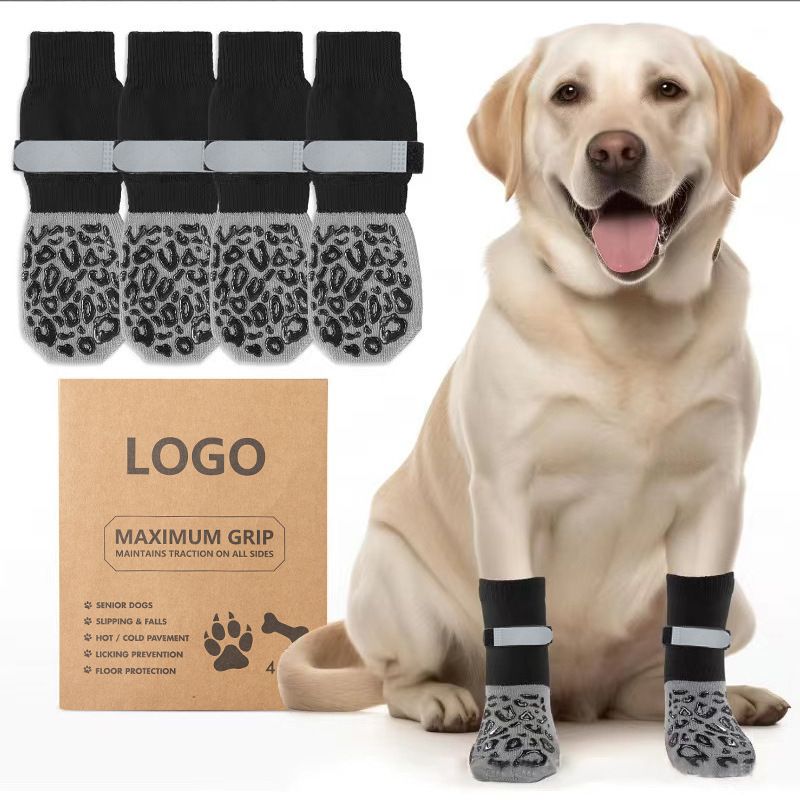 Dog Shoes Non Slip Indoor Outdoor Cotton Black leopard print-double-sided glue [high-end storage bag] L large size 7.5*18cm [recommended within 15-20kg inches] [pack of four]
