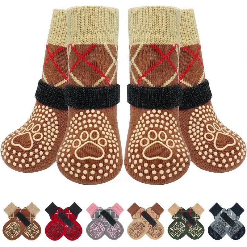 Dog Shoes Non Slip Indoor Outdoor Cotton Brown dotted style [opp bag] Xs ultra-small 4.5*12cm [recommended within 5kg inches] [pack of four]