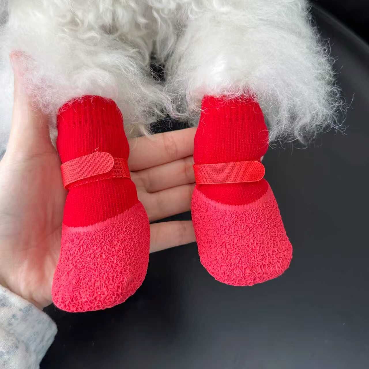 Dog Shoes Waterproof Non Slip PVC Breathable Red wrinkled shoes S small size comes with 4 straps [within 1.5kg]