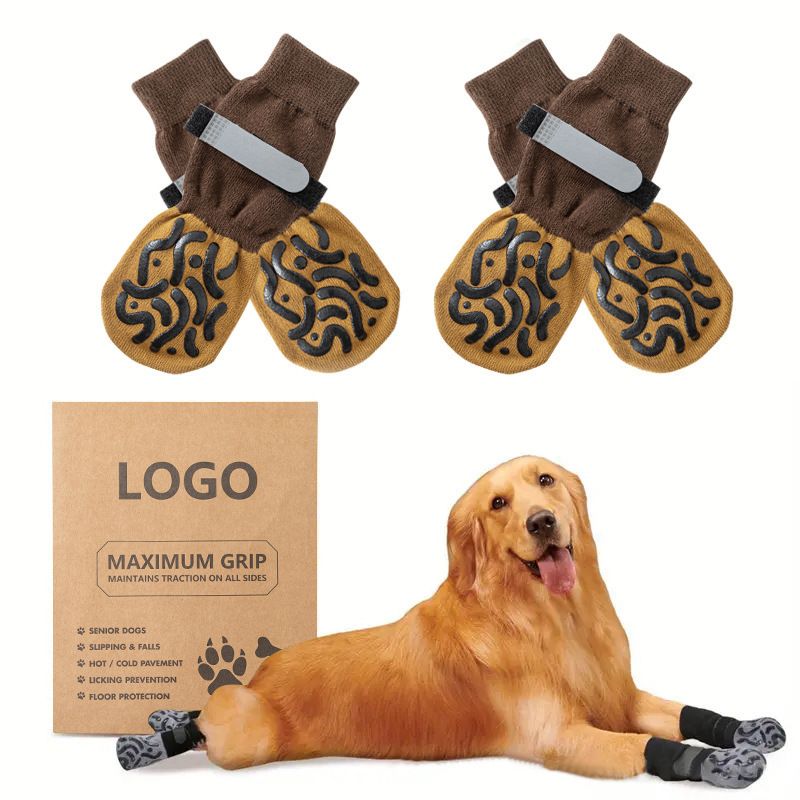Dog Shoes Non Slip Indoor Outdoor Cotton Dark brown caterpillar-double-sided dot [high-end storage bag] M medium size 6.5*16cm [recommended within 10-15kg inches] [pack of four]