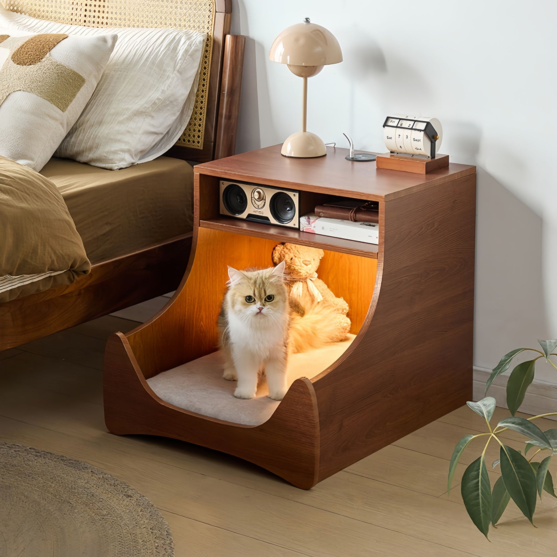 Bedside Table with Wireless Charging Station,LED Nightstand with Open Storage Drawers for Small Cats and Dogs Bed, Cozy Home for Living Room, Bedroom, Office, Sofa Side