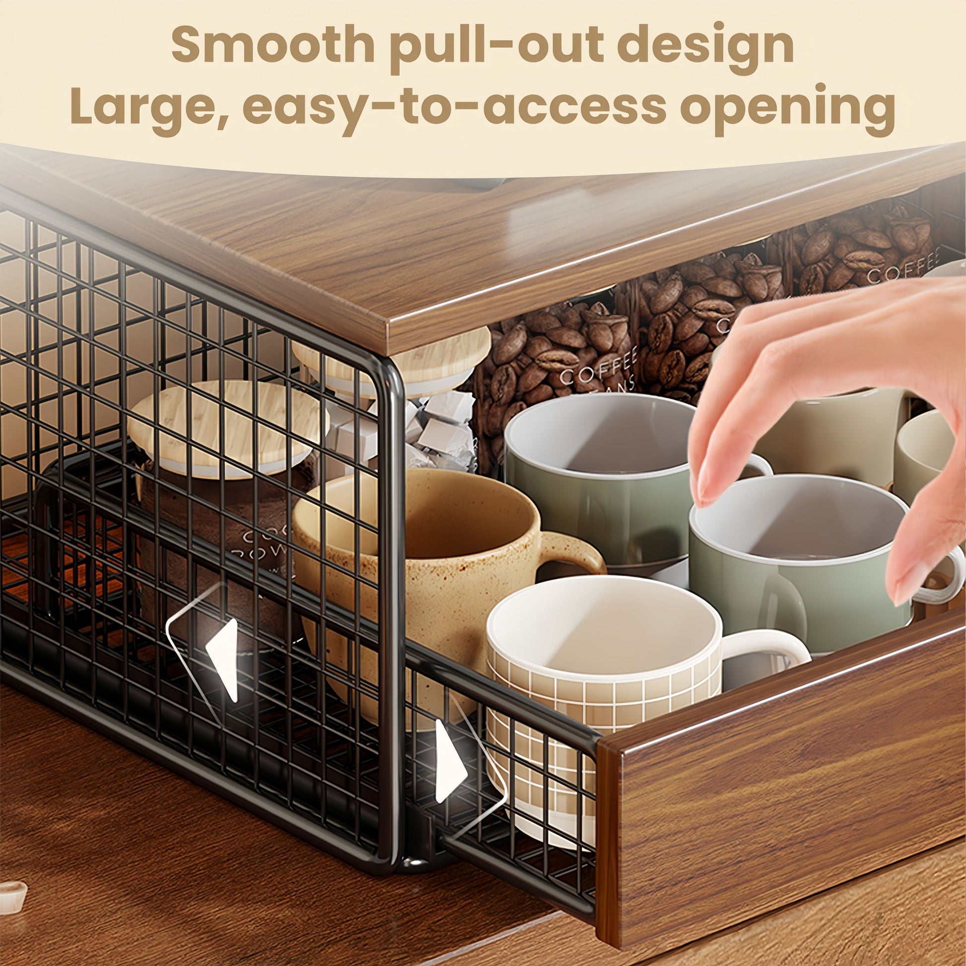  Coffee Machine Stand,Coffee Capsule Storage, Kitchen Counter Organizer with Drawer& Wire Basket, Space Saving Design, No Assembly, Tea Storage,for Kitchen Appliances