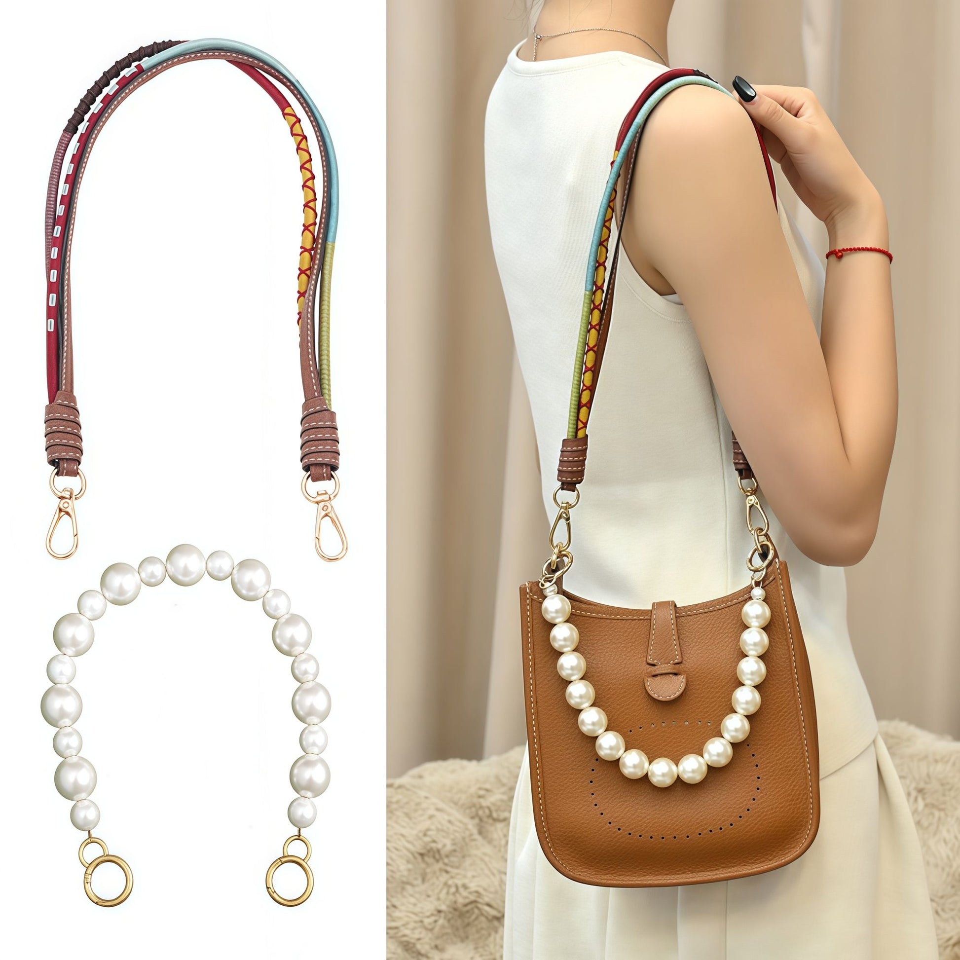 Mini Bag Replacement Thin Shoulder Strap with 2 Adapters for Longchamp,Imitation Pearl Bead Purse Handle Strap Bag Charms Handbag Chain Accessories Decoration for Women