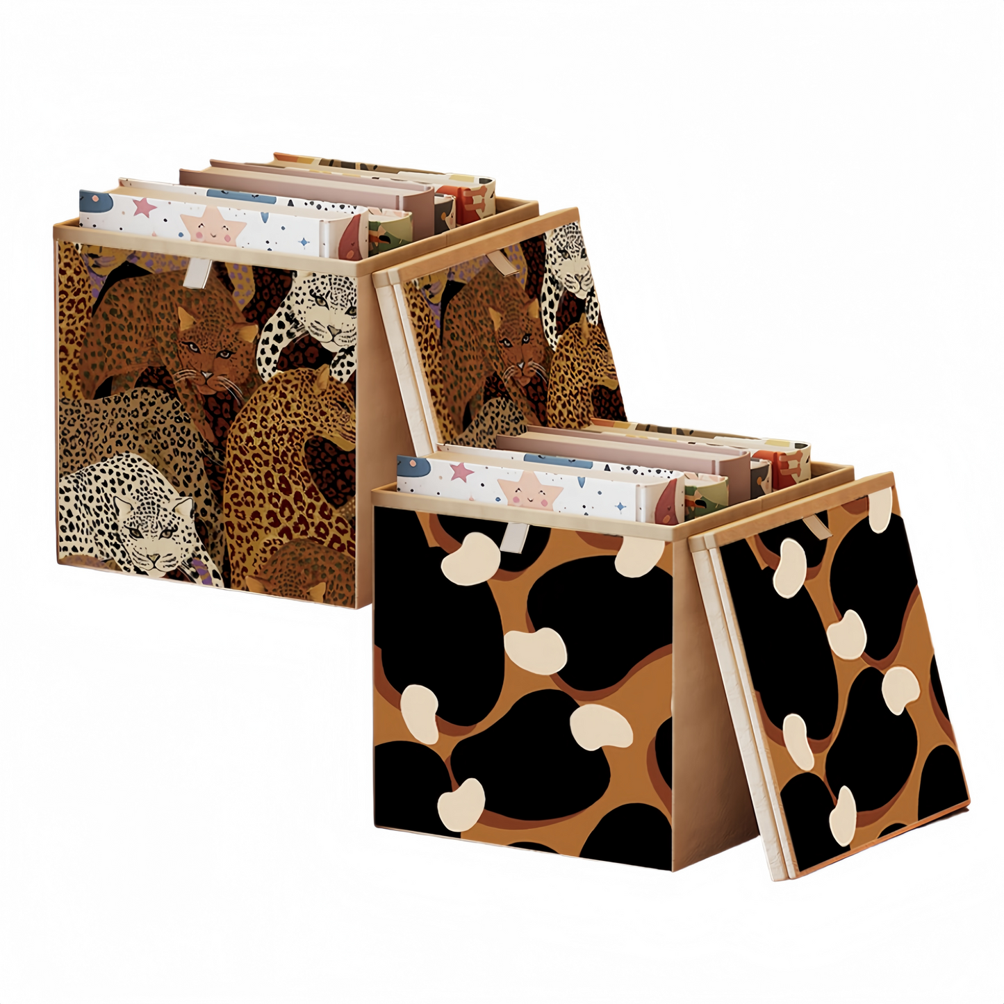 2 Packs Collapsible Storage Bins, Retro Style Foldable Storage Box for Toys, Clothes, Books, Closet & Shelves, Durable Home Storage Basket Organizer (B-Leopard)