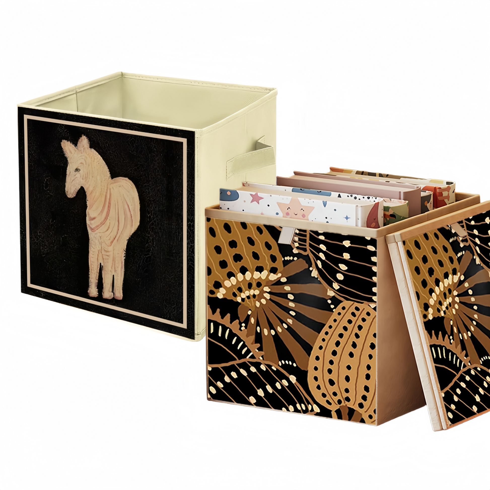2 Packs Collapsible Storage Bins, Retro Style Foldable Storage Box for Toys, Clothes, Books, Closet & Shelves, Durable Home Storage Basket Organizer (A-Horse)