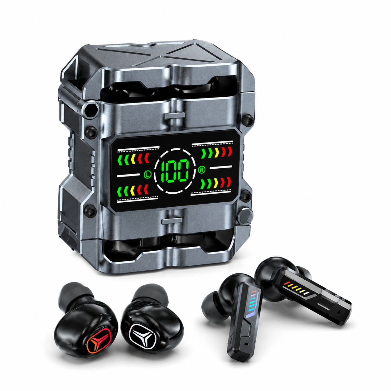 Wireless Earbuds 2 Pairs in 1 Charging Case with LED Display | 40H Total Playtime, Gaming & Music, Mecha Bluetooth Design, Dual Style Earbuds, Couples Earphones