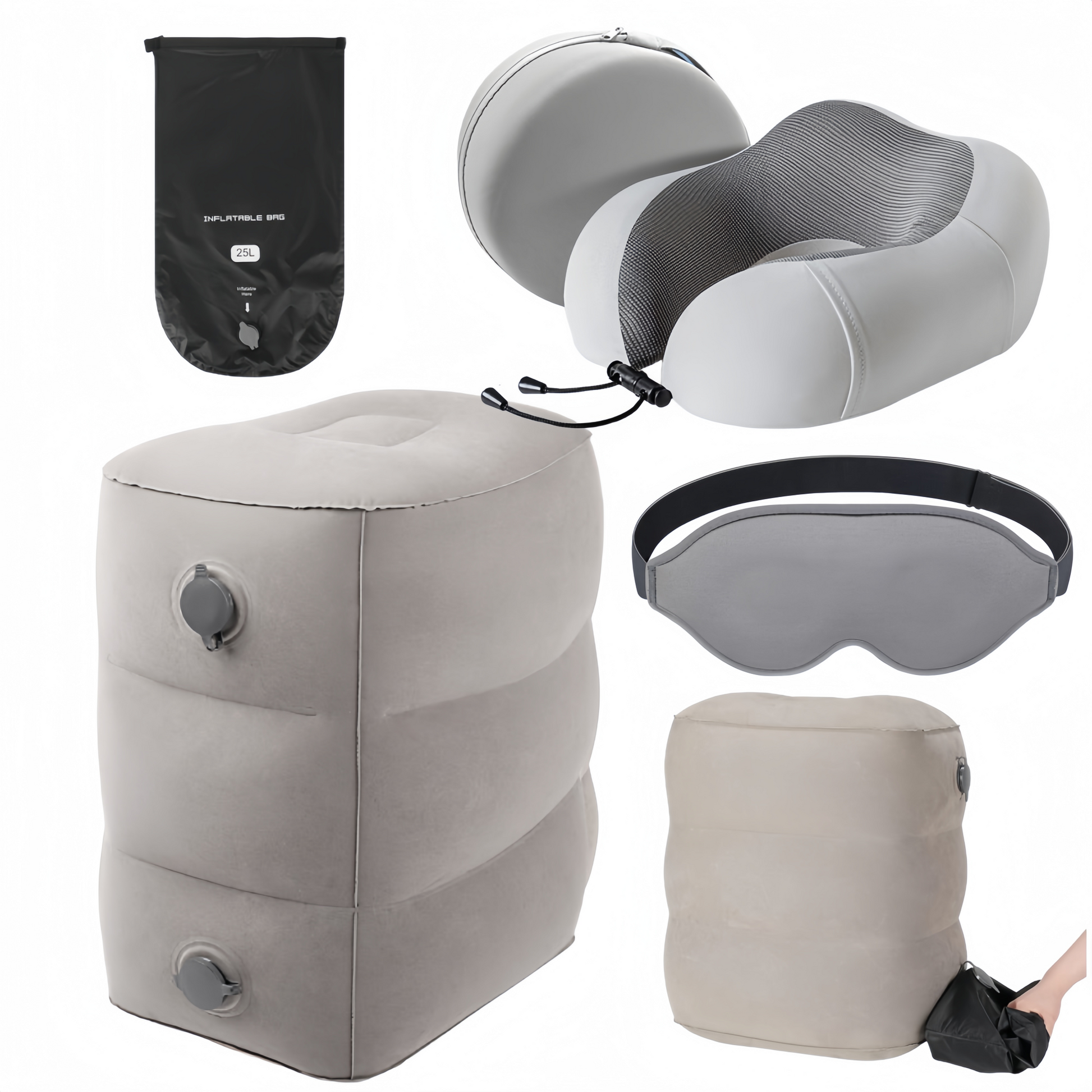3 Pack Travel Essentials – Travel Pillow, Inflatable Foot Rest & Sleep Mask with Storage Bag, Airplane Travel Accessories Kit for Kids & Adults