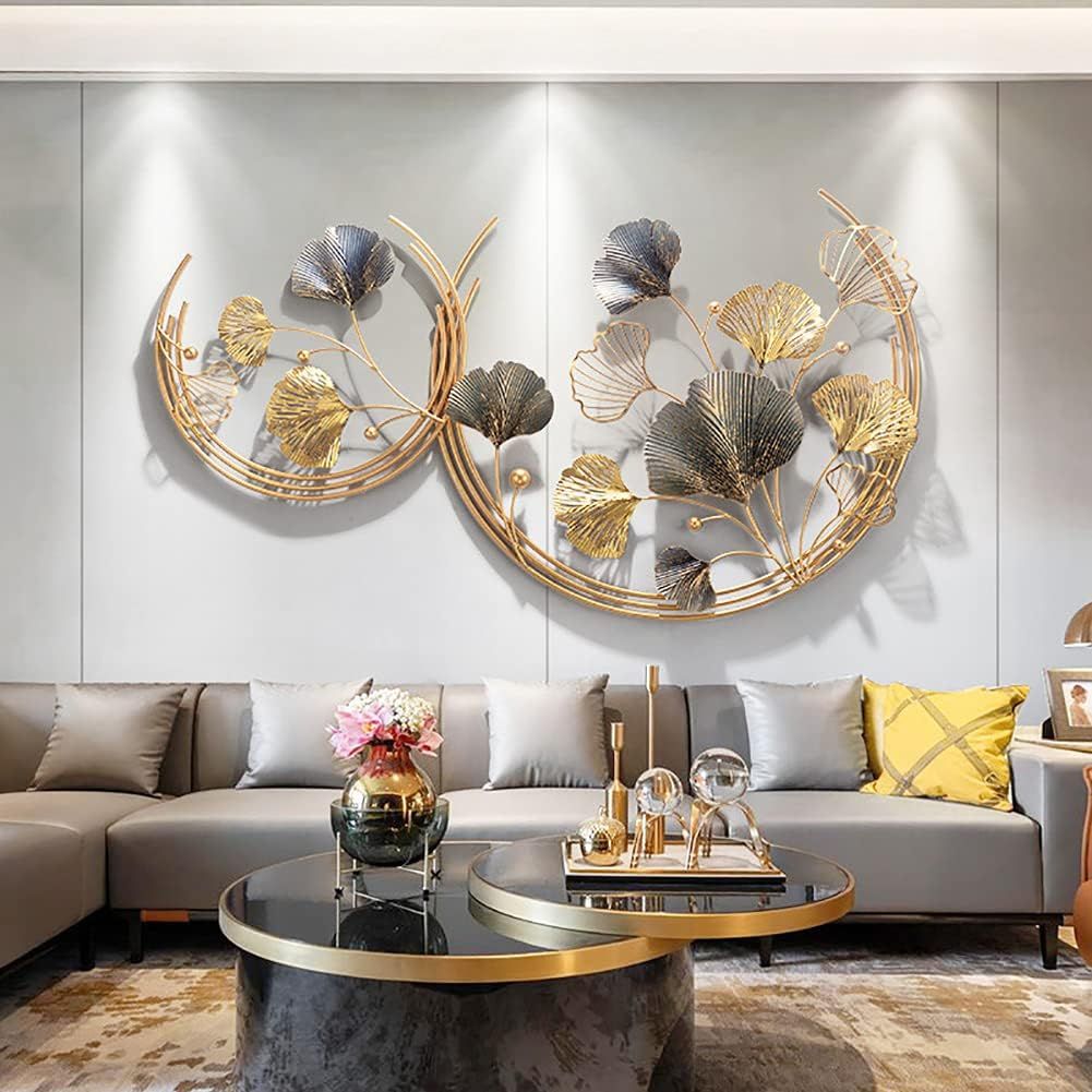 3D Handmade Metal Wall Art Decor,Golden Ginkgo Leaves Metal Wall Decor with Frame, Gold Metal Art Wall Sculpture for Study Living Room Bedroom Artwork Hotel Decor Indoor Outdoor, 110 X 67cm