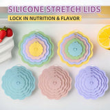 Food-Grade Silicone Stretchable Sealing Lids Set of 5 – Leak-Proof Reusable Covers for Bowls, Cups, Plates & Pots, BPA-Free, Heat Resistant to 230°C, Airtight Kitchen Freshness Keepers in Pastel Colors with Flower Knob (Blue)