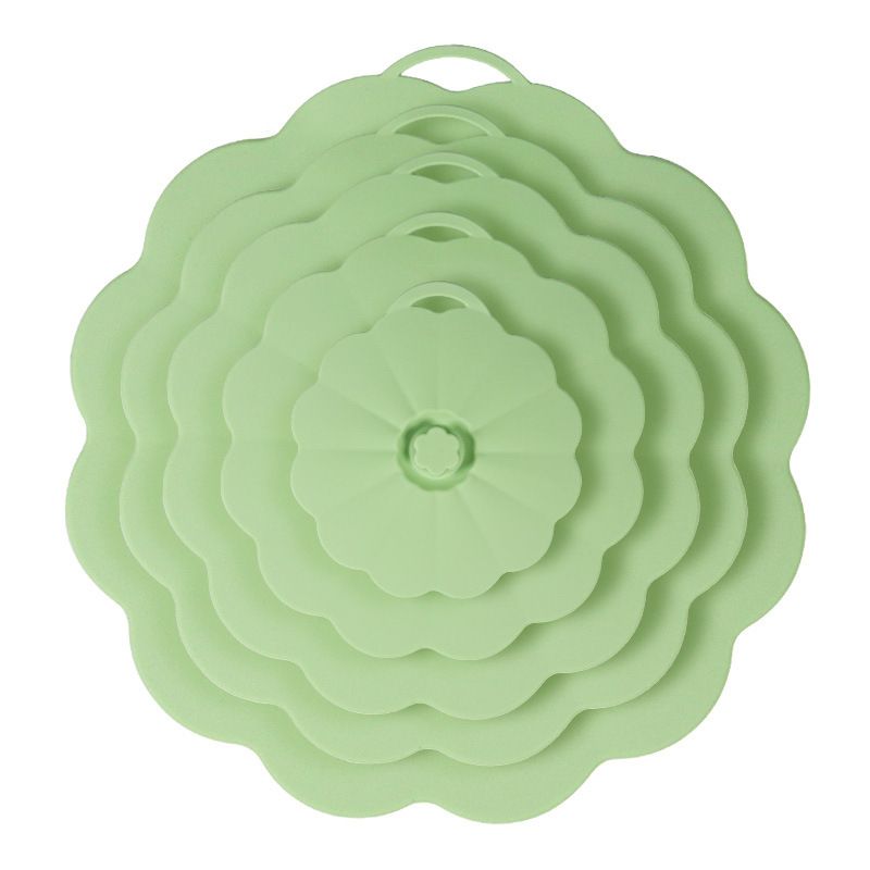 Food-Grade Silicone Stretchable Sealing Lids Set of 5 – Leak-Proof Reusable Covers for Bowls, Cups, Plates & Pots, BPA-Free, Heat Resistant to 230°C, Airtight Kitchen Freshness Keepers in Pastel Colors with Flower Knob (Green)