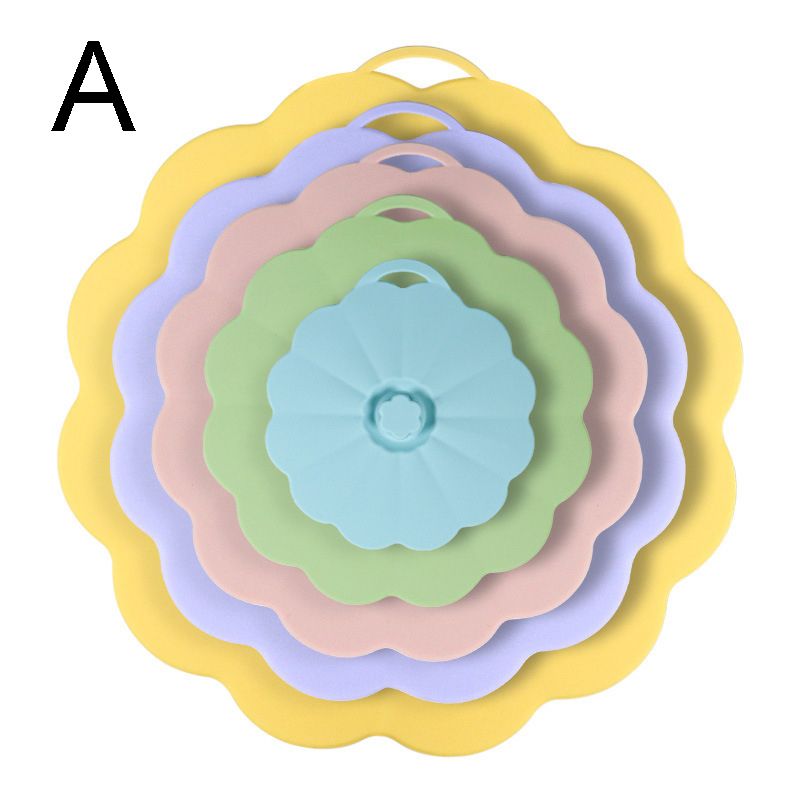 Food-Grade Silicone Stretchable Sealing Lids Set of 5 – Leak-Proof Reusable Covers for Bowls, Cups, Plates & Pots, BPA-Free, Heat Resistant to 230°C, Airtight Kitchen Freshness Keepers in Pastel Colors with Flower Knob (MultiColor A)