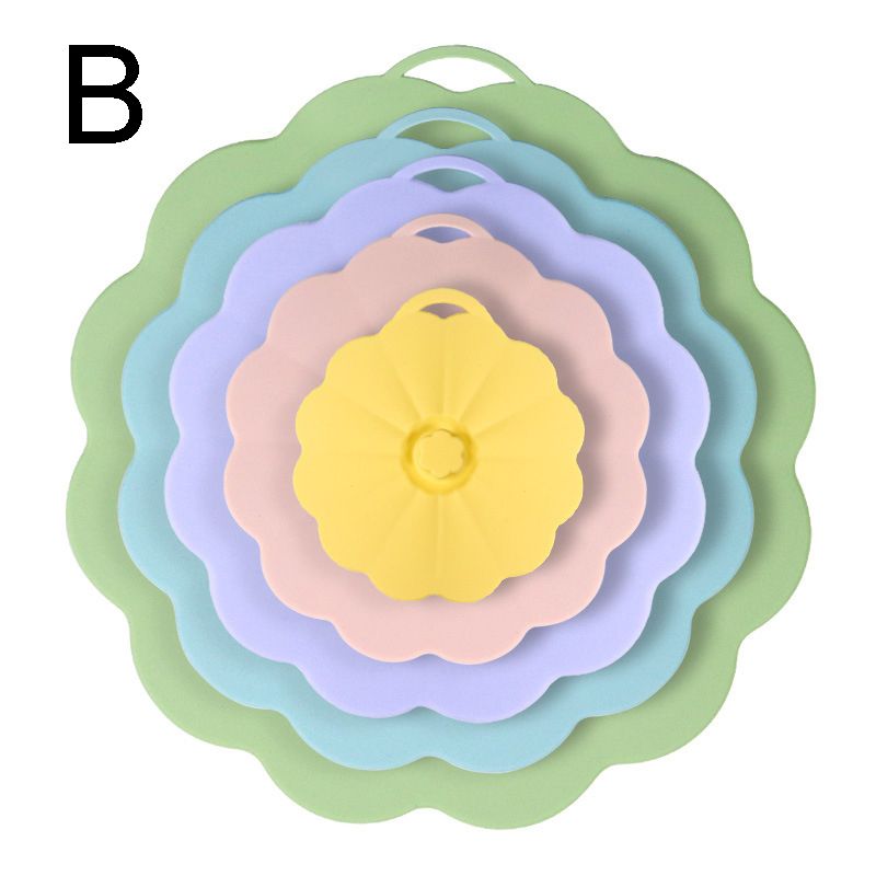 Food-Grade Silicone Stretchable Sealing Lids Set of 5 – Leak-Proof Reusable Covers for Bowls, Cups, Plates & Pots, BPA-Free, Heat Resistant to 230°C, Airtight Kitchen Freshness Keepers in Pastel Colors with Flower Knob (MultiColor B)