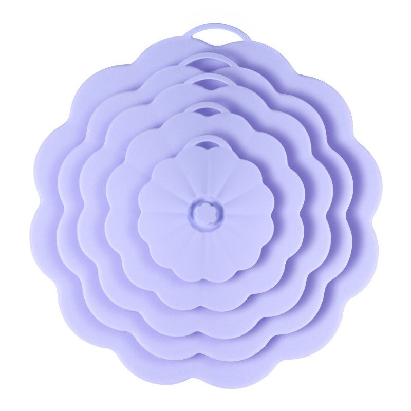 Food-Grade Silicone Stretchable Sealing Lids Set of 5 – Leak-Proof Reusable Covers for Bowls, Cups, Plates & Pots, BPA-Free, Heat Resistant to 230°C, Airtight Kitchen Freshness Keepers in Pastel Colors with Flower Knob (Purple)