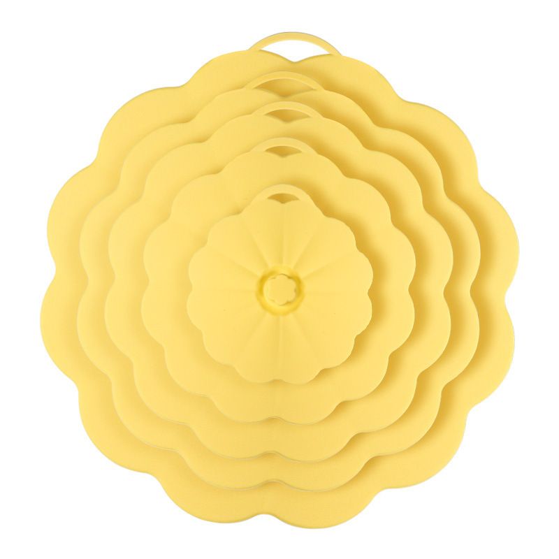 Food-Grade Silicone Stretchable Sealing Lids Set of 5 – Leak-Proof Reusable Covers for Bowls, Cups, Plates & Pots, BPA-Free, Heat Resistant to 230°C, Airtight Kitchen Freshness Keepers in Pastel Colors with Flower Knob (Yellow)