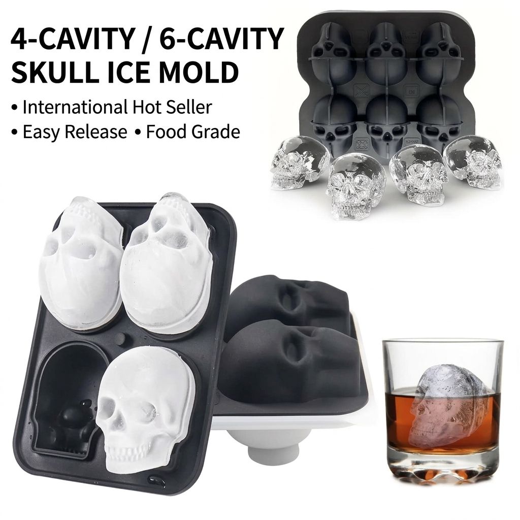 Skull Ice Mold Tray for Whiskey and Cocktails – Food-Grade Silicone with Leak-Proof Funnel Lid, Creates Large or Mini Skull-Shaped Ice Cubes for Spooky Themed Parties, Home Bars, and Everyday Drinks (Black, 6-Cavity Mold)