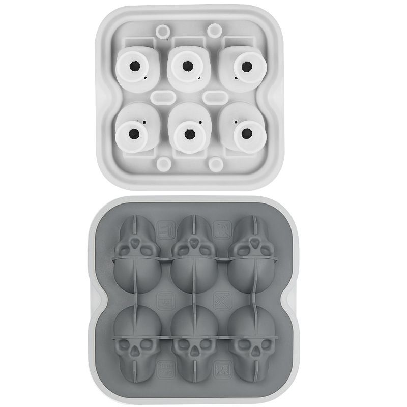 Skull Ice Mold Tray for Whiskey and Cocktails – Food-Grade Silicone with Leak-Proof Funnel Lid, Creates Large or Mini Skull-Shaped Ice Cubes for Spooky Themed Parties, Home Bars, and Everyday Drinks (Grey, 6-Cavity Mold)