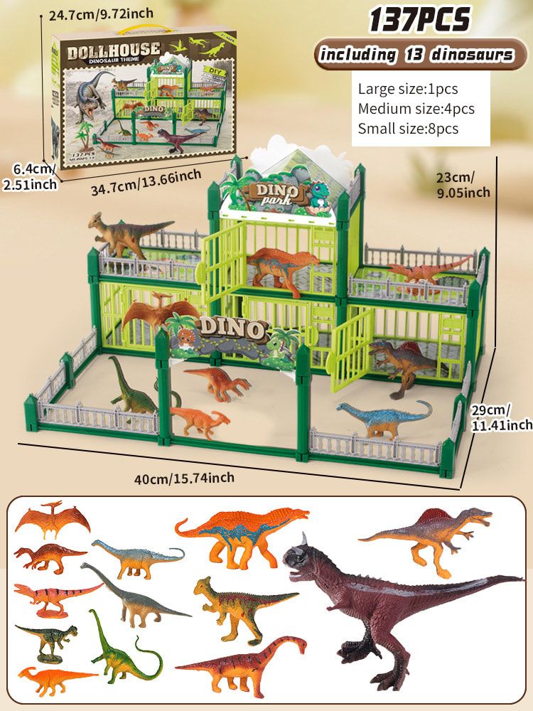 DIY Jurassic Theme Park Building Set for Kids, Creative Dinosaur Arena Toy with Realistic Dinosaurs and Palm Trees, Educational Playset for Ages 3+ to Build and Explore (137PCS, Green)