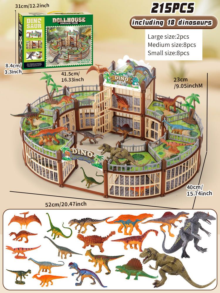 DIY Jurassic Theme Park Building Set for Kids, Creative Dinosaur Arena Toy with Realistic Dinosaurs and Palm Trees, Educational Playset for Ages 3+ to Build and Explore (215PCS, Brown)