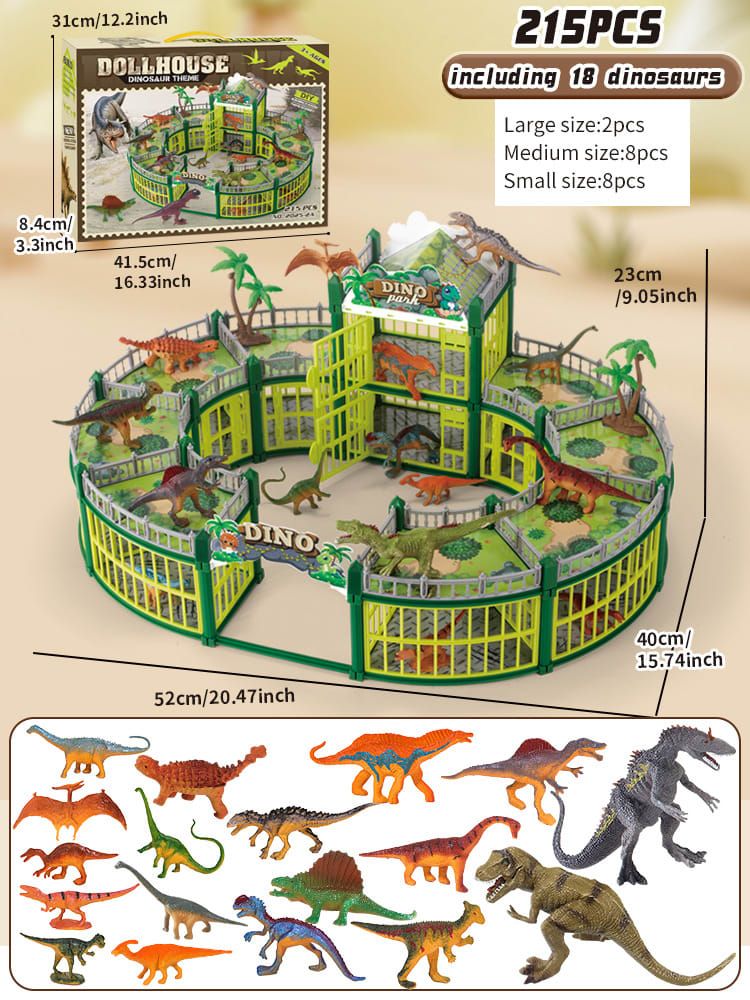 DIY Jurassic Theme Park Building Set for Kids, Creative Dinosaur Arena Toy with Realistic Dinosaurs and Palm Trees, Educational Playset for Ages 3+ to Build and Explore (215PCS, Green)