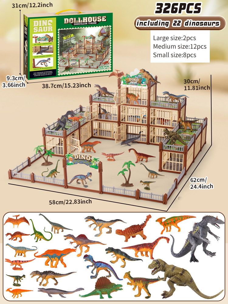 DIY Jurassic Theme Park Building Set for Kids, Creative Dinosaur Arena Toy with Realistic Dinosaurs and Palm Trees, Educational Playset for Ages 3+ to Build and Explore (326PCS, Brown)