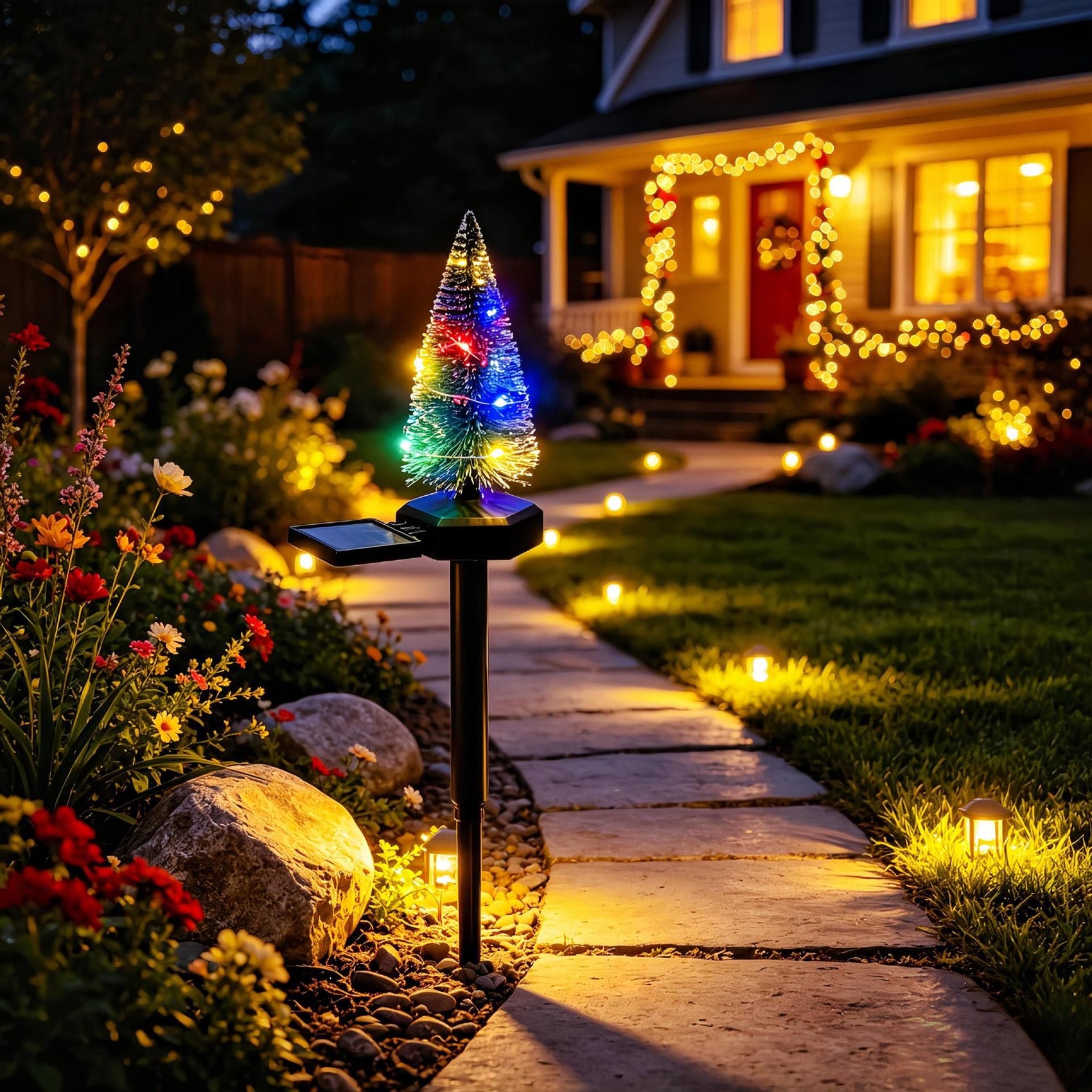 Solar Christmas Tree Garden LED Stake Light, Outdoor Yard Pathway Decoration with Warm or Multicolor Lights, Perfect for Holiday Festive Ambiance in Lawns, Flower Beds, and Fences (Colorful)
