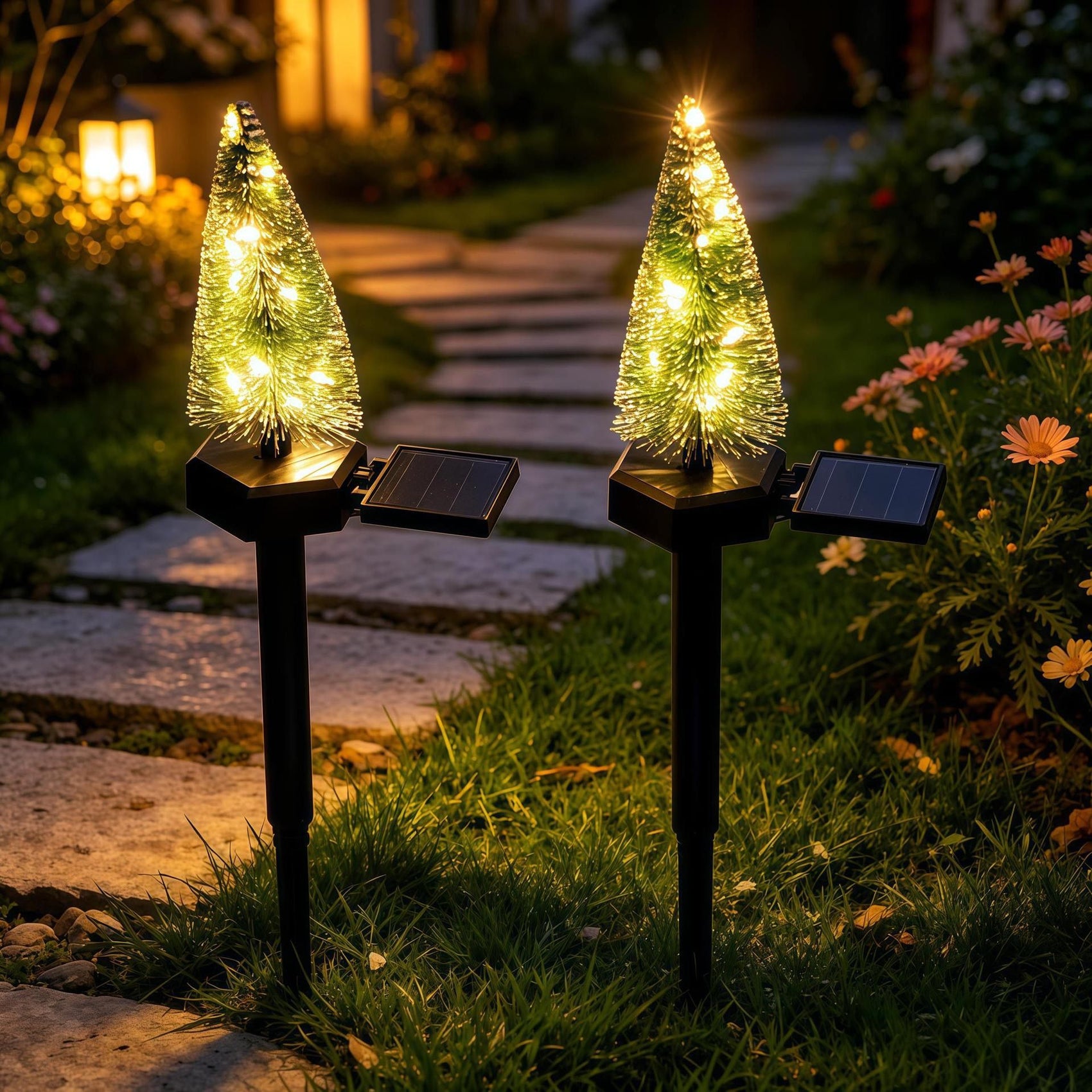 Solar Christmas Tree Garden LED Stake Light, Outdoor Yard Pathway Decoration with Warm or Multicolor Lights, Perfect for Holiday Festive Ambiance in Lawns, Flower Beds, and Fences (Yellow)