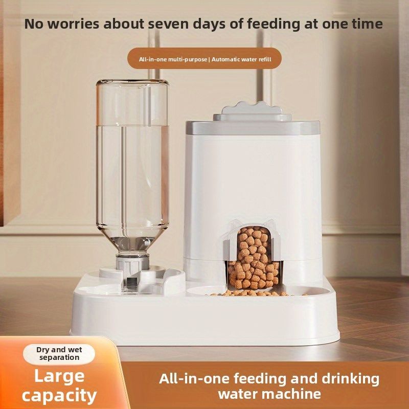 Automatic Pet Feeder and Water Dispenser Combo, 7-Day Capacity for Cats and Small Dogs, Self-Refilling Water Bowl with Gravity Flow, No Battery Needed, Modern White Design with Sturdy Base (Grey)