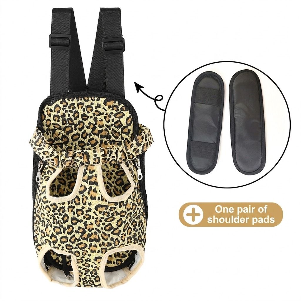 Portable Pet Front Chest Backpack for Small Dogs and Cats – Hands-Free Travel Carrier with Adjustable Straps, Breathable Mesh, and Padded Shoulder Pads for Comfortable Outdoor Adventures (S, Leopardprint)