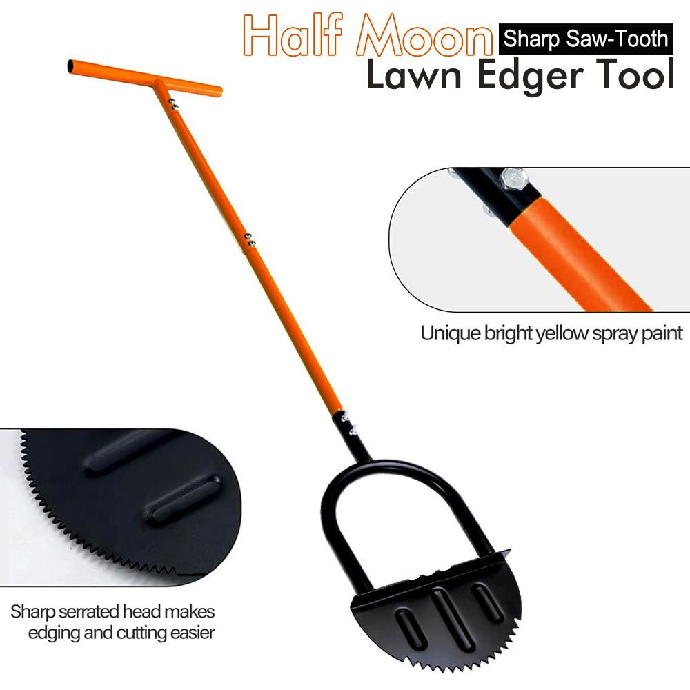 Manual Lawn Edging Tool with T-Handle and Serrated Half-Moon Blade, Garden Edge Trimmer for Clean Borders Along Walkways, Flower Beds and Tree Rings (Orange)