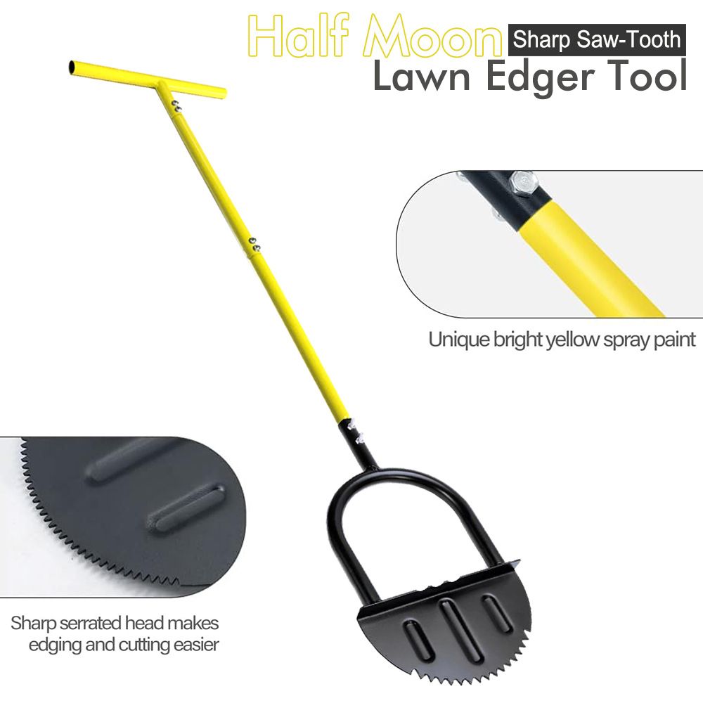 Manual Lawn Edging Tool with T-Handle and Serrated Half-Moon Blade, Garden Edge Trimmer for Clean Borders Along Walkways, Flower Beds and Tree Rings (Yellow)