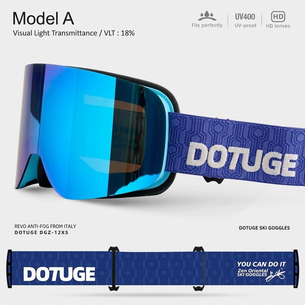 DOTUGE DGZ-12XS Ski Goggles with Italian REVO Coated Dual-Layer Anti-Fog Lens, UV400 Protection, Large Cylindrical Wide View, Compatible with Prescription Glasses, for Skiing and Snow Sports (A)