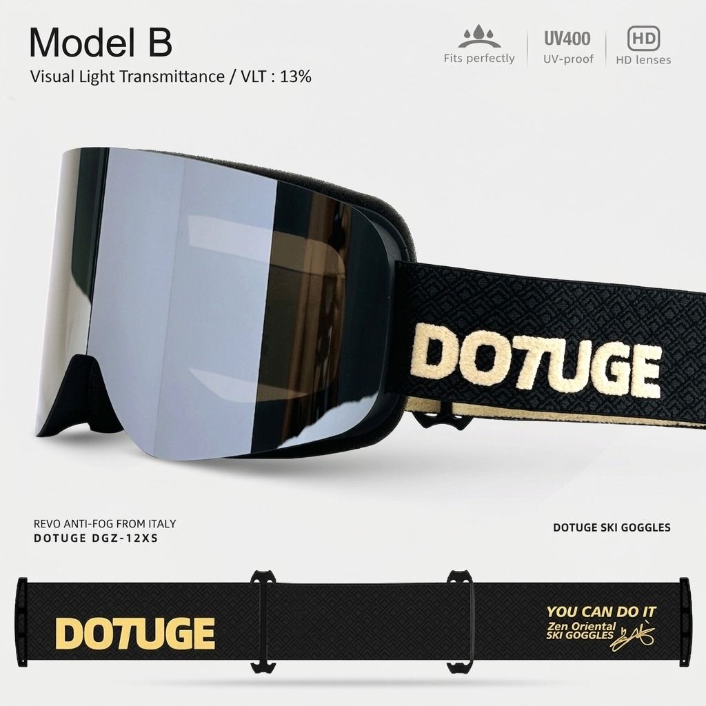 DOTUGE DGZ-12XS Ski Goggles with Italian REVO Coated Dual-Layer Anti-Fog Lens, UV400 Protection, Large Cylindrical Wide View, Compatible with Prescription Glasses, for Skiing and Snow Sports (B)