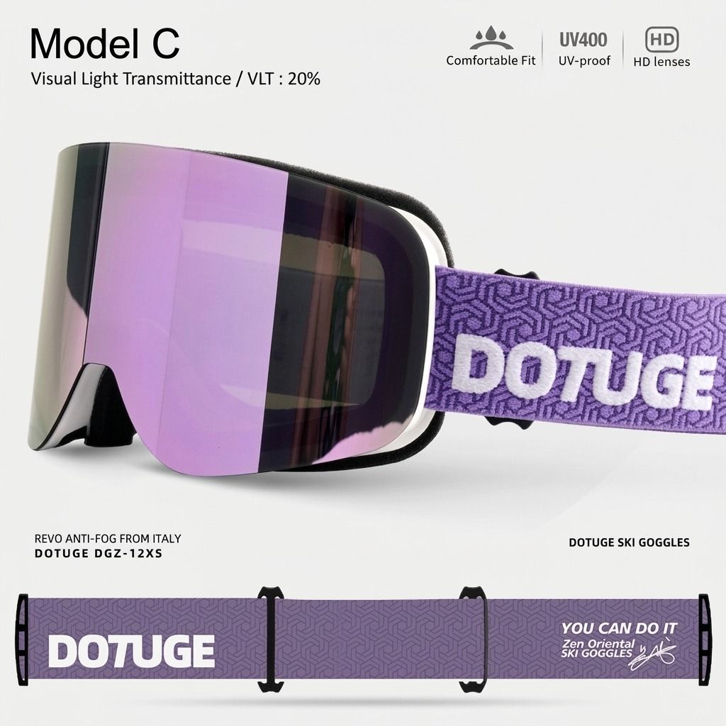 DOTUGE DGZ-12XS Ski Goggles with Italian REVO Coated Dual-Layer Anti-Fog Lens, UV400 Protection, Large Cylindrical Wide View, Compatible with Prescription Glasses, for Skiing and Snow Sports (C)