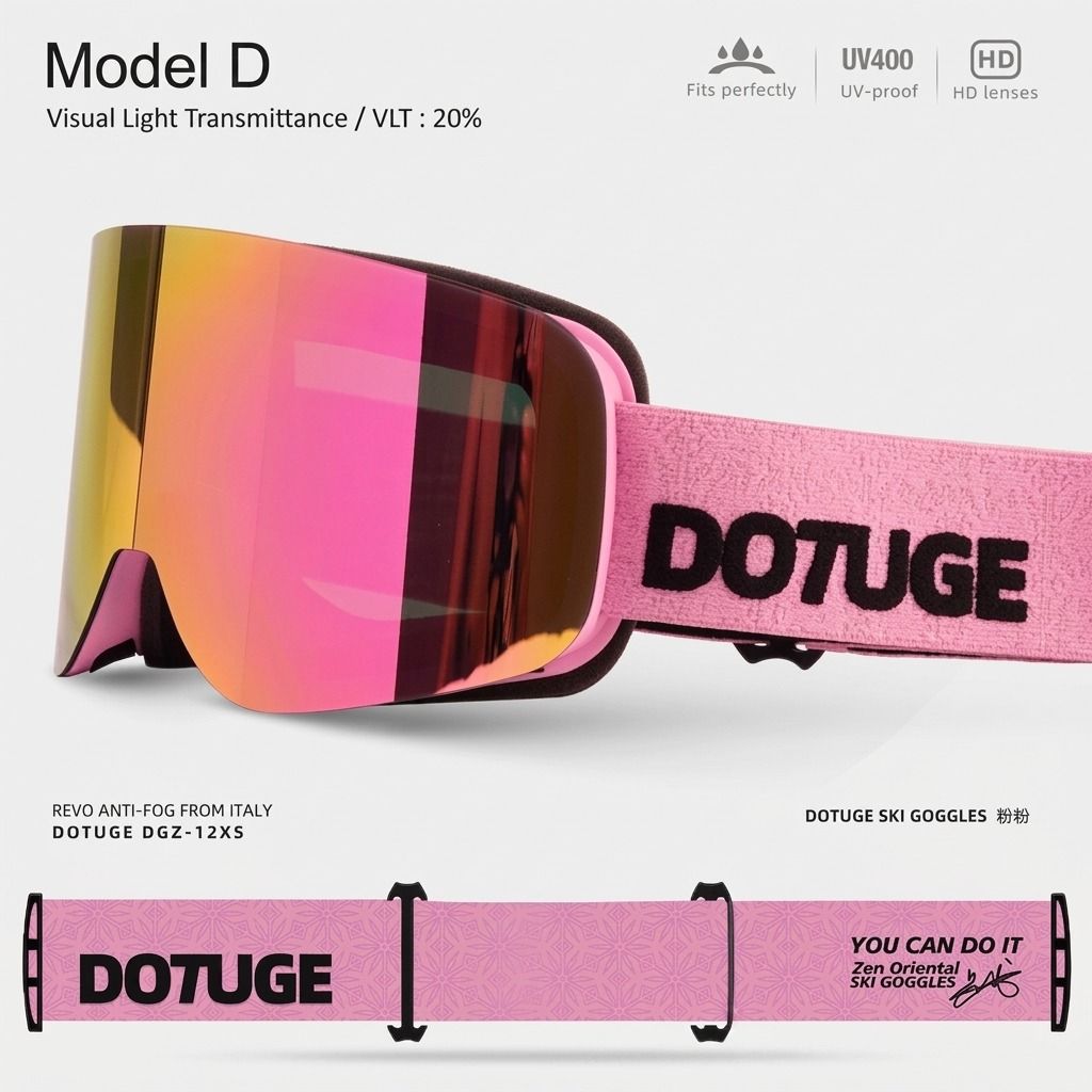 DOTUGE DGZ-12XS Ski Goggles with Italian REVO Coated Dual-Layer Anti-Fog Lens, UV400 Protection, Large Cylindrical Wide View, Compatible with Prescription Glasses, for Skiing and Snow Sports (D)