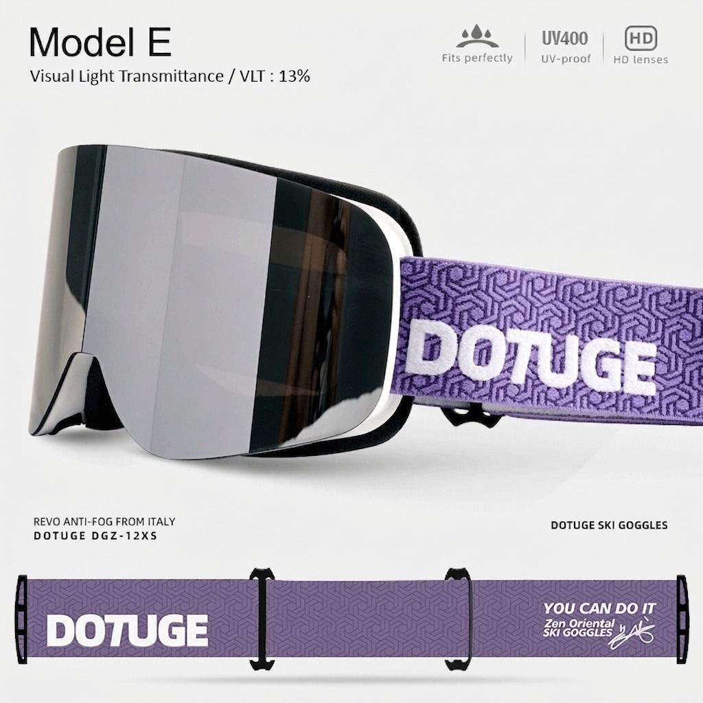DOTUGE DGZ-12XS Ski Goggles with Italian REVO Coated Dual-Layer Anti-Fog Lens, UV400 Protection, Large Cylindrical Wide View, Compatible with Prescription Glasses, for Skiing and Snow Sports (E)